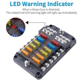 Greluma 12 Way Blade Fuse Block, Waterproof 12V Fuse Box Holder, 12-Pin Negative Bus Fuse Box with LED Indicator for Automotive, Car, Truck, Boat, Marine, Motorhome, Van