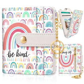 Jogjam Rainbow Be Kind Rfid Women Wallet, Small Slim Thin Credit Card Wallet, PU Leather Bifold Cash Wallet, Zipper Coin Pocket & ID Window, Female Ladies Teen Girls Girly Wallet