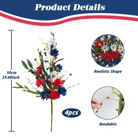 VirtuGro Patriotic Artificial Flowers Red White and Blue Flowers 4th of July Flowers Silk Flowers Arrangement for Memorial Day Independence Day Home Party Centerpiece Vase Decor (4PCS)