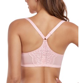 Lemorosy Women's Front Closure Bra Flower Lace T-Back Unpadded Plus Size Everyday Underwire(Pink,44D)
