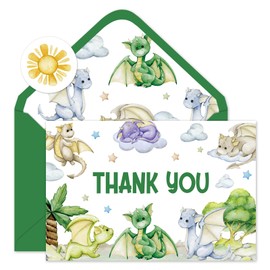 Whaline 24Pcs Cartoon Dragon Thank You Cards with Envelopes Stickers Green Purple Dragon Greeting Cards Blank Note Card for Birthday Baby Shower Party Supplies