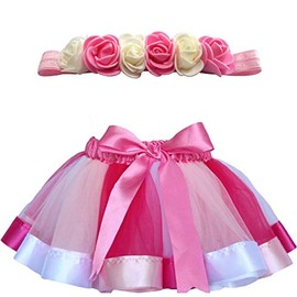 MY-PRETTYGS Toddlers Layered Tulle Rainbow Tutu Skirt with Flower Crown Wreath Headband for Baby Girls 0-24 Months.(Hot Pink)