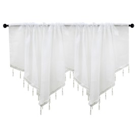 apott Beaded Window Valance White Sheer Voile Swag Rod Pocket 2PCS Short Kitchen Curtains for Wedding Bedroom Living Room, 51x24 Inch