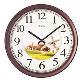 CUYOU Wooden Wall Clock with Retro Design, 15 Inches Round Wall Clocks Battery Operated Silent Non-Ticking, No Motor Noise,A Spinning Windmill, for Kitchen Living Room Classroom Gym and Pool
