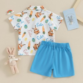 Licupiee Toddler Baby Boys Easter Outfits Carrot Print Short Sleeve Button Up T Shirts and Shorts Set 2Pcs Bunny Shorts Sets (Blue Carrot, 1-2T)