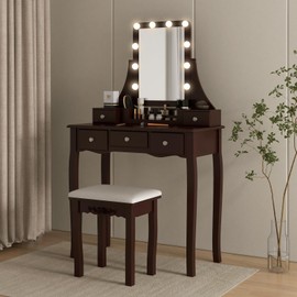 CHARMAID Vanity Desk with Mirror and Lights, Makeup Vanity Table with 5 Storage Drawers, 3 Color Lighting Modes, Adjustable Brightness, Modern Bedroom Dressing Table with Vanity Stool, Espresso