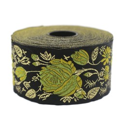 50089 - Bobina de 11 yardas de 1.95 pulgadas, color amarillo, negro, rosa, cinta de tela jacquard, borde tela, bordado floral, cinta de encaje, accesorios para manualidades