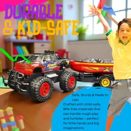 eBigValue Friction-Powered Toy Truck with Boat & Trailer – All Terrain Heavy Vehicle Playset for Kids Age 3+ – Push & Go Action Combo (Black)