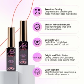 CURACORO Gel Liner Nail Art, Professional Nail Gel Polish, Long-Lasting, Chip-Resistant, Low Ordor Nail Gel, Built-in Precision Brush for Nail Lines, Patterns, French Nails, 3D Designs