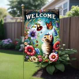 Starlit Patio Welcome Spring Cat Garden Flag Spring Summer Floral Flower Garden Flags 12 x 18 Inch Burlap Double Sided Cute Kitten Butterfly Yard Flags for Seasonal Outside Outdoor Decoration