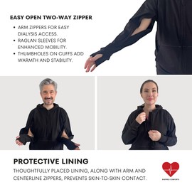 Inspired Comforts Unisex Dialysis & IV Access Hoodie – Dual Arm Zippers, Thumbhole Sleeves & Pockets - Black, M