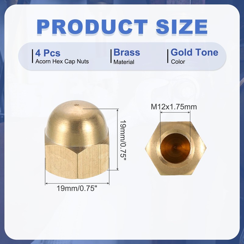 sourcing map Acorn Hex Cap Nuts, M12x1.75mm Brass Dome Head