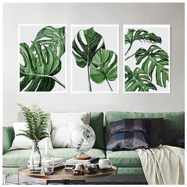 Set of 3 Modern Poster Set, Living Room, Canvas Pictures, Plants Wall Pictures, Living Room, Inspirational Quotes Wall Picture, Green Plants Picture, Watercolour Green Leaves Pictures for Bedroom