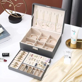 Caja de joyería de Cuero con Cerradura, Organizador de joyas para Mujer 2 Capas Organizador Estuche Joyero de Viaje caja de almacenamiento de joyas para Pendientes Anillos Collares