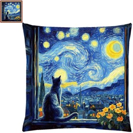 Lovxvouy Pillow Cross Stitch Kits for Adults Beginners-Preprinted Needlepoint Kit Stamped Crossstitching Kits 11CT Cross-Stitch Kit Stitches Kit Embroidery Kits-Cat Van Gogh Starry Sky18x18 inchs