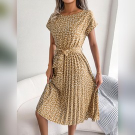 IDOPIP Women Short Sleeve Floral Pleated Dress Summer Casual A-Line Flowy Midi Dress Formal Wedding Guest Dress 2024 Trendy Vacation Pleated Swing Dress Elegant Evening Party Sundress Coffee XL