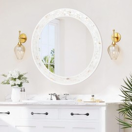 Mosaic Mirrors for Wall 24 Inch, Natural Mother of Pearl Inlay White Framed Round Mirror for Bathroom, Bedroom or Entryway