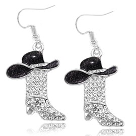 Rhinestone Western Boots Independence Earring Cowgirl Cowboy Enamel Hat Bohemian Rodeo Boot Drop Dangle Ear rings for Women,Clear Crystal,Pearl Black Hat