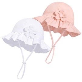 Baby Girl Wide Brim Bucket Hats with UPF 50+ Outdoor Adjustable Beach Hat with Sun Hat(6-12 Months,White Petal & Pink Petal)