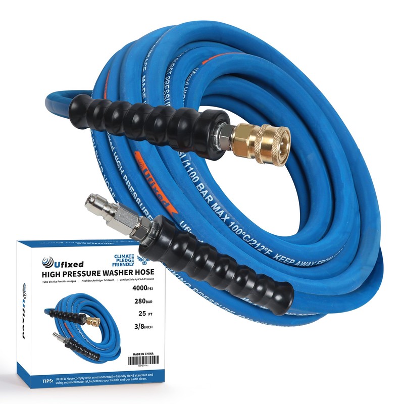 Ufixed 3/8” Pressure Washer Hose 25FT 4000psi,Rubber Hose,Quick Connect,360° Swivel,Kink-resistant,Heavy