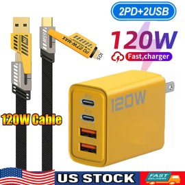 Universal 120W USB C Wall Charger QC3.0 4 Ports 2 PD + 2 USB Fast Charger & 4-in-1 Cable - (Only) 3FT Type-C Cable