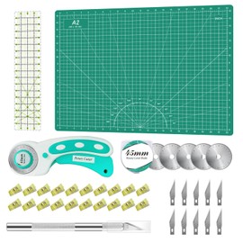 Rotary Cutter Set Green - Quilting Kit incl. 45mm Fabric Cutter, 5 Replacement Blades, A2 Cutting Mat, Acrylic Quilting Ruler, Sewing Clips, Craft Knife Set, Ideal for Crafting, Sewing, Patchworking
