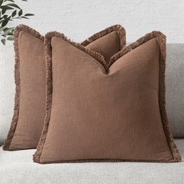 MIULEE Decorative Throw Pillow Covers Neutral Linen Fringe Throw Pillows Euro Shams Set of 2 Dark Coffee Boho Farmhouse Cushion Covers for Couch Sofa Bed Living Room Spring Home Decor 22x22 Inch