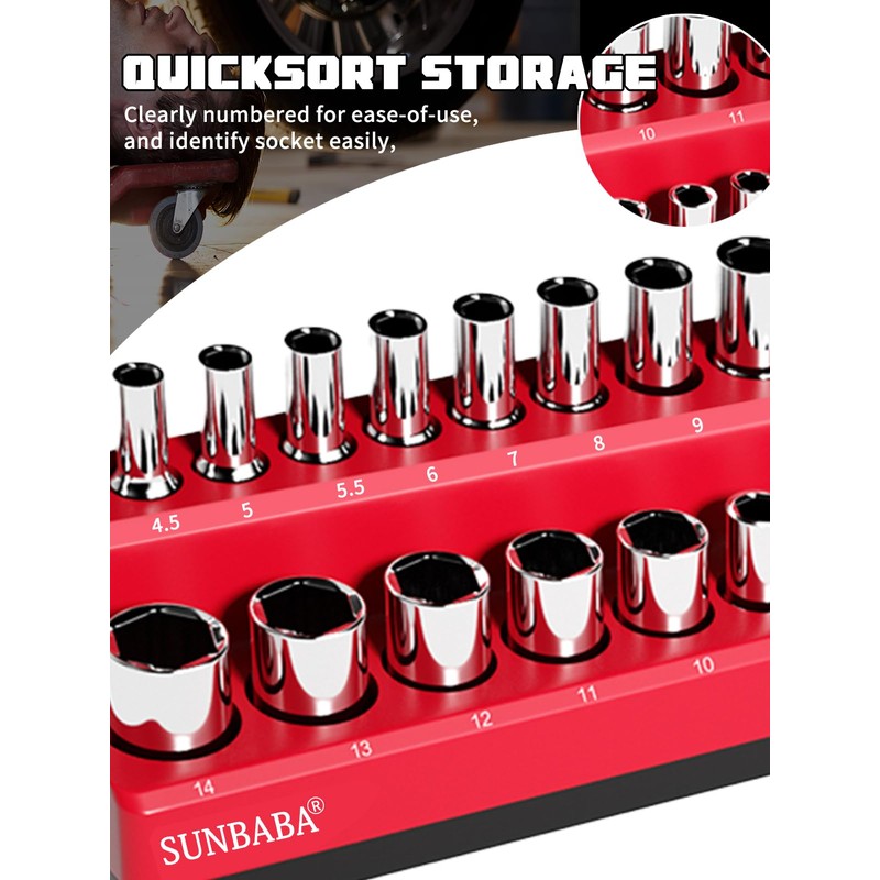 SUNBABA 8-Piece Magnetic Socket Organizer Set,1/2", 1/4" and 3/8" SAE