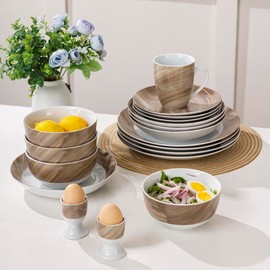 24 Piece Porcelain Dinnerware Set, Premium Plates and Bowls, Mugs Set and Egg Cups,Modern Ceramic Dish Set for 4, Brown Flowing Clouds 【𝐂𝐥𝐞𝐚𝐫𝐚𝐧𝐜𝐞 𝐩𝐫𝐢𝐜𝐞】
