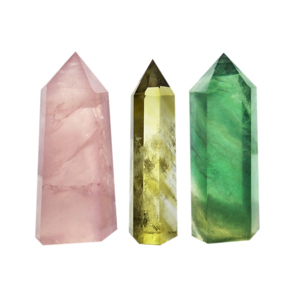 3-Piece Crystal Wands of Rose Quartz, Yellow Quartz & Fluorite Stone,Pointed & Faceted for Healing Reiki Chakra Meditation Therapy Decor