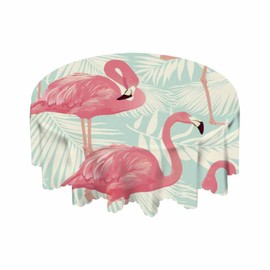 Yibeas Flamingo and Palm Leaf Tablecloth Round Table Cloth Tropical Elegant Pink Bird Romantic Table Cover for Dining Room Kitchen Decoration 60inch