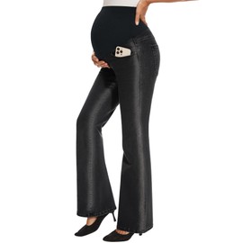 GLAMIX Women's Stretch Maternity Bootcut Jeans with Pockets Over The Belly Bell Bottoms Flare Denim Pants Pregnancy Clothes(Washed Black, XL)
