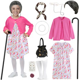Old Lady Costume for Kids Girls 100 Day of School Costume Girls Kids Grandma Costume Granny Dress Accessories 8-10 Years DY024L