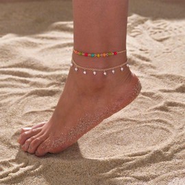 Crymystal Bohemian Layered Pearl Anklet Tiny Pearl Dangle Anklets Gold Pearl Bead Anklets Color Bead Chain Bracelet Adjustable Summer Beach Anklet Foot Chain Jewelry for Women and Girls Gifts