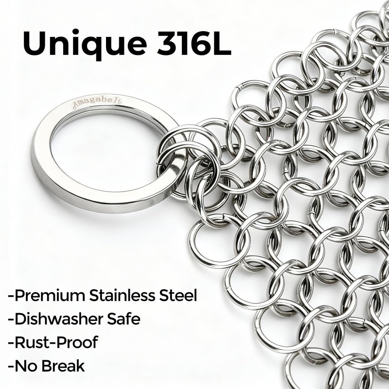 Amagabeli Cast Iron Cleaner 8"x6" 316L Stainless Steel Chainmail Scrubber