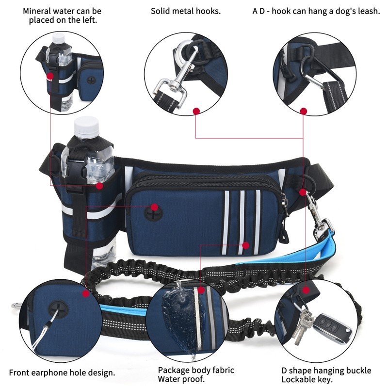 Dog Hands Free Leash with Zipper Pouch Water Bottle Holder