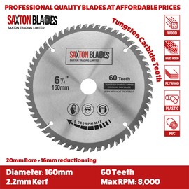 Saxton TCT Circular Wood Saw Blade 160mm x 20mm x 60T for Festool TS55 Bosch Makita etc