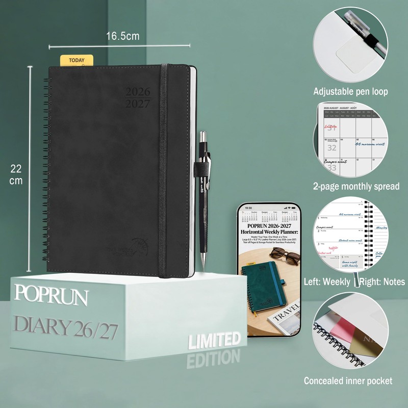POPRUN Academic 2026-2027 Diary A5 Week to View Spiral Bound