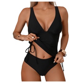 SweatyRocks - Traje de baño de 2 piezas para mujer, cuello en V profundo, cordón lateral, tankini, Negro -, X-Large