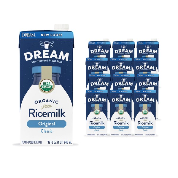 Rice Dream Organic Rice Milk Drink, Original Plain, Vegan Dairy Alternative, Lactose Free, Shelf Stable, 32oz (Pack of 12)