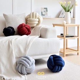 Sioloc Almohadas de bola de nudo suaves, cojín redondo decorativo para el hogar, cojín de peluche tejido a mano, cojín redondo tejido a mano (20 cm, negro)