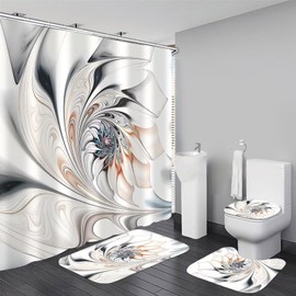 DDQQ 4Pcs Abstract Line Pattern Shower Curtain Sets, Bathroom Sets with Shower Curtain, Toilet Lid Rug, Bath Mat and Contour Mat, Shower Curtain with 12 Hooks for Bathroom Set Decor 72 x 72 Inch