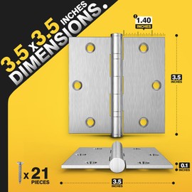 KOLET Ball Bearing Door Hinges, 3.5 x 3.5 Inches Door Hinges, Square Corner Heavy Duty Hinges, Stainless Steel Hinges, No Squeak and Non Removable Pin, Brushed Nickel, 3 Pack