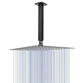 Cabezal de ducha de lluvia con brazo de ducha, cabezales de ducha cuadrados de montaje en techo, cabezal de ducha grande de acero inoxidable, cobertura de cuerpo completo de cascada (cabezal de ducha de 12 pulgadas con brazo) (negro mate)
