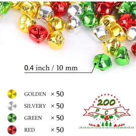 Augshy Christmas Bells, Pack of 200 Colourful Bells for Crafts, 4 Colours, Jingle Bells 10 mm Small Craft Bell for Christmas, Home, Pet Decorations