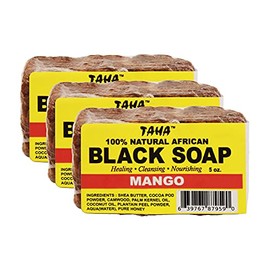 TAHA African Black Soap Bar, Organic & 100% Natural, Soothing & Moisturizing, Healthy Cleansing – Great for Blemishes, Acne, Dry Scalp, and More, Natural Scent, 5 Oz (Mango, Pack of 1)