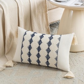 Fancy Homi Set of 2 Navy Blue Lumbar Decorative Throw Pillow Covers 12x20 Inch for Couch Bed Sofa Living Room, Aesthetic Organic Farmhouse Home Decor, Cotton Woven Textured Cushion Case with Tassels