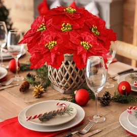 MOIAVAN Christmas Flowers Artificial 6Pcs Red Faux Poinsettia Flower Heads 9.8” Bouquet 16.9” for Home Xmas Tree Christmas Decorations
