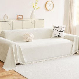 hyha Couch Cover for Dogs, Boho Sofa Covers for 3 Cushion Couch Washable, Chenille Sofa Slipcover for Pets, Soft Loveseat Sectional Couch Throw Blankets with Tassels (Beige, 71x134 Inch)