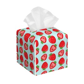 Red Strawberry Leather Tissue Holder,Square Tissue Box Cover with Bottom Belt,Modern Decorative Facial Tissue Cube Paper Cover for Bedroom Nightstand Vanity Desk Office Table Top,5.2" x 5.2" x 5.2"